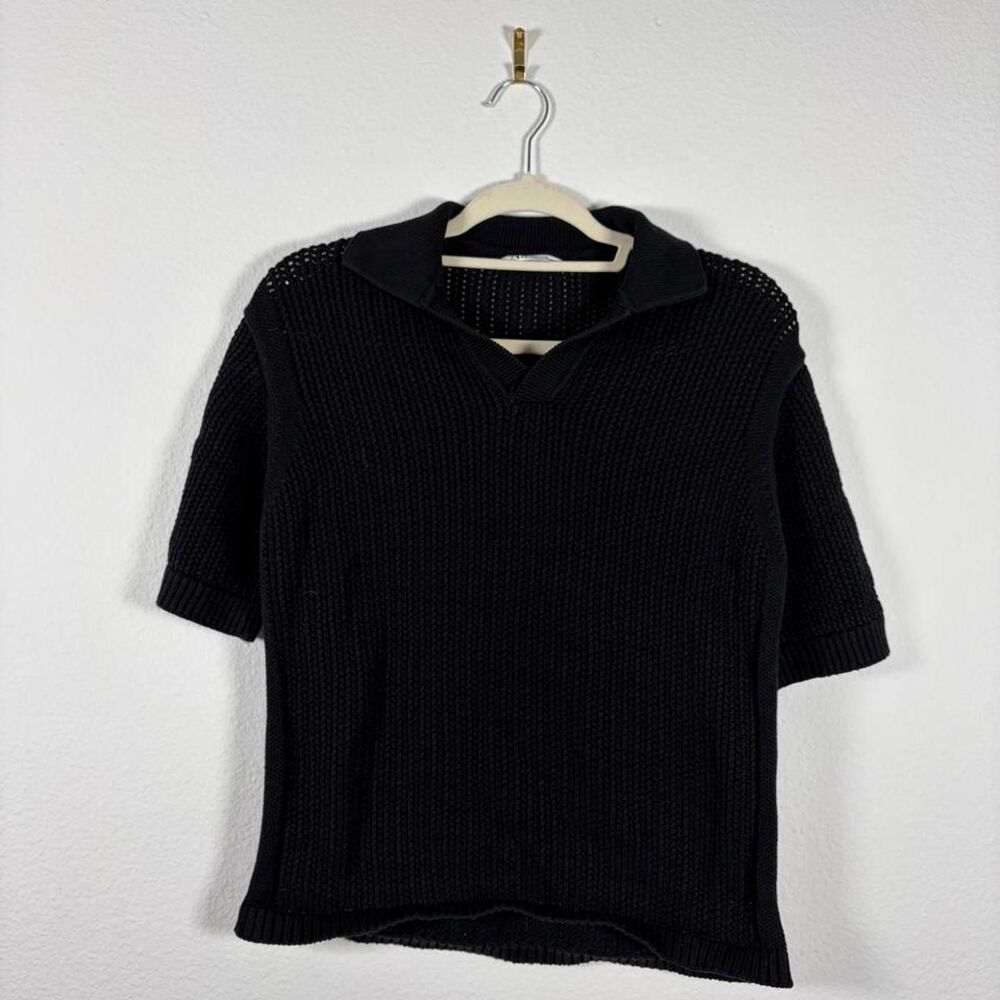 Zara Black Knit Short Sleeve Polo Top Men's M Preppy Casual Every Day Collared